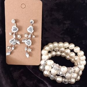 Elegant White Pearl Bracelet and Floral Drop Earrings Set